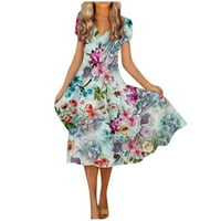 Ružičasta ženska proljetna i ljetna moda v vrat cvjetni cvijet kratkih rukava tiskana labava rub haljina