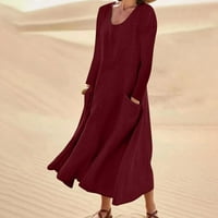 Ženska modna boja dugih rukava pamučna lanena haljina okrugli vrat džep