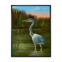 DesignArt 'Blue Heron močvarna ptica na obali jezera' tradicionalno uokvireno platno zidne umjetničke tisak