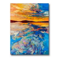 DesignArt 'Whirly Plavi valovi pod narančastim zalaskom sunca' nautički i obalno platno zidni umjetnički tisak