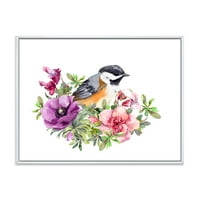 Designart 'Slatka ptica u ljubičastom i ružičastom cvijeću tradicionalno uokvireno platno zidna umjetnička umjetnost