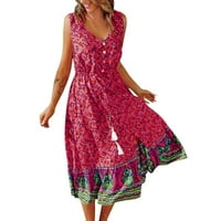 Ženstvena ljetna modna boho ležerna haljina s cvjetnim printom s izrezom u obliku struka Bez rukava Bez rukava