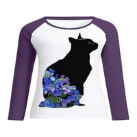 Ženska ležerna majica s cvjetnim printom, lagana majica s printom mačaka, vrhovi za odmor s dugim rukavima, plave