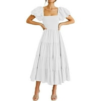 Ženski kvadratni vrat puff rukavac casual visokog struka midi haljina Ljetna plaža Sundress White l