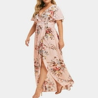 Wendunide ljetne haljine za žene, žene plus size v vrat cvjetni print kratki rukav boho haljina zabava ružičasta