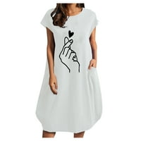Ženska bijela haljina, ženska ležerna lanena haljina s okruglim vratom s printom, kratkih rukava, široka haljina