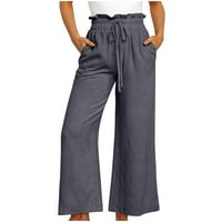 Sinimoko ženske pamučne lanene hlače povremene labave struke u struci široke noge Capri hlače s džepovima