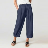 Ravne Ležerne jednobojne hlače visokog rasta s elastičnim pojasom, ošišane hlače u boji, Ženske hlače visokog