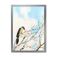 Dizajnerska umjetnost ptica koja sjedi na starom golom drvetu na plavom oblačnom nebu uokvireni tradicionalni