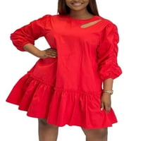 Ženske kratke mini haljine s dugim rukavima, haljina s okruglim vratom, jesen boho, jednobojna, crvena u boji