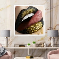 Dizajnerska umjetnost ženske usne, crni ruž i zlatni sjaj, uokvireni moderni umjetnički tisak