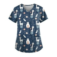 Vrhovi za klirens za žene Bluza grafički otisci kratki rukavi casual žene bluze v-izrez labave, tamnoplave, m