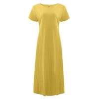 Ženska ljetna ležerna jednobojna pamučna lanena haljina kratkih rukava s okruglim vratom, prošivena, džepna, žuta,