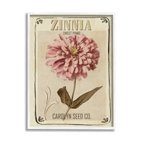Stupell Industries Sweet Pink Zinnia cvjetni cvjetni vintage sjeme paket seoska kuća Slikanje bijele uokvirene