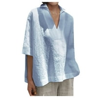 Ženska lanena košulja Plus size ljetna ležerna majica s izrezom u obliku slova u i širokim nebeskoplavim nebesko